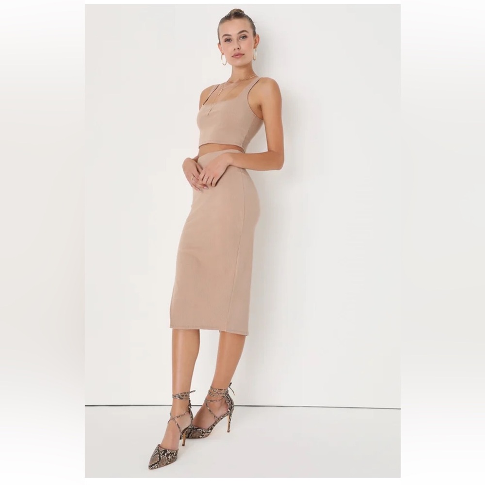 Lulu’s Set for Life Tan Ribbed Bodycon Two-Piece Dress | Size S